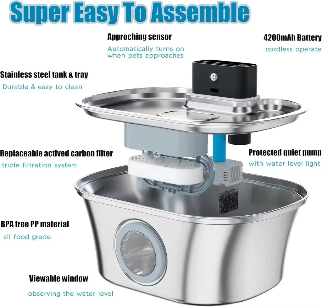 Wireless Cat Water Fountain 3.2L Rechargeable Battery with Motion Sensor Filter and Stainless Steel Bowl