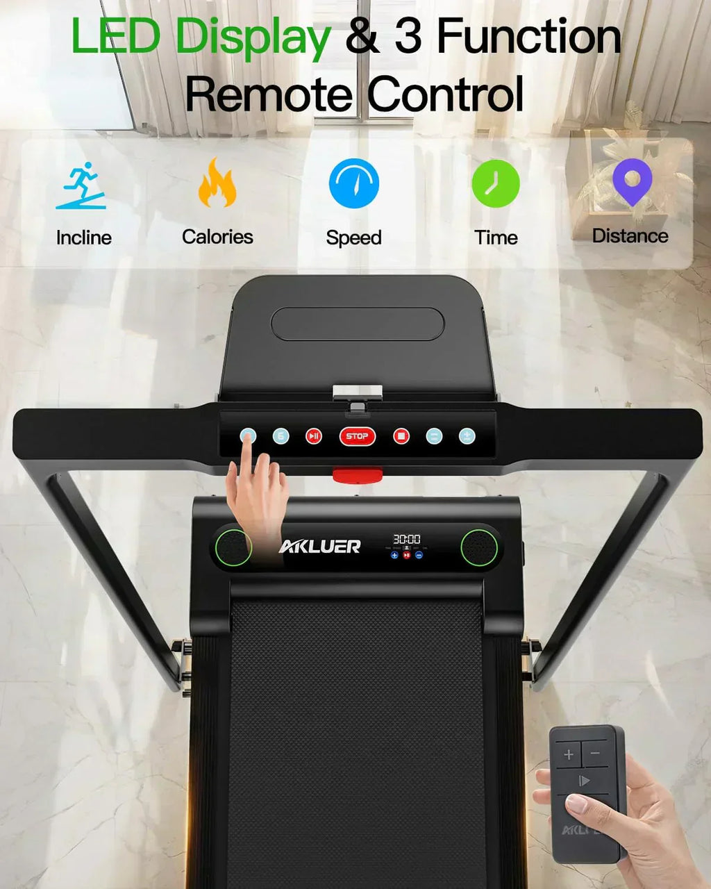 Akluer Inclined Home Treadmill 2.5 HP Small Under-Desk Treadmill Remote Control LED Display