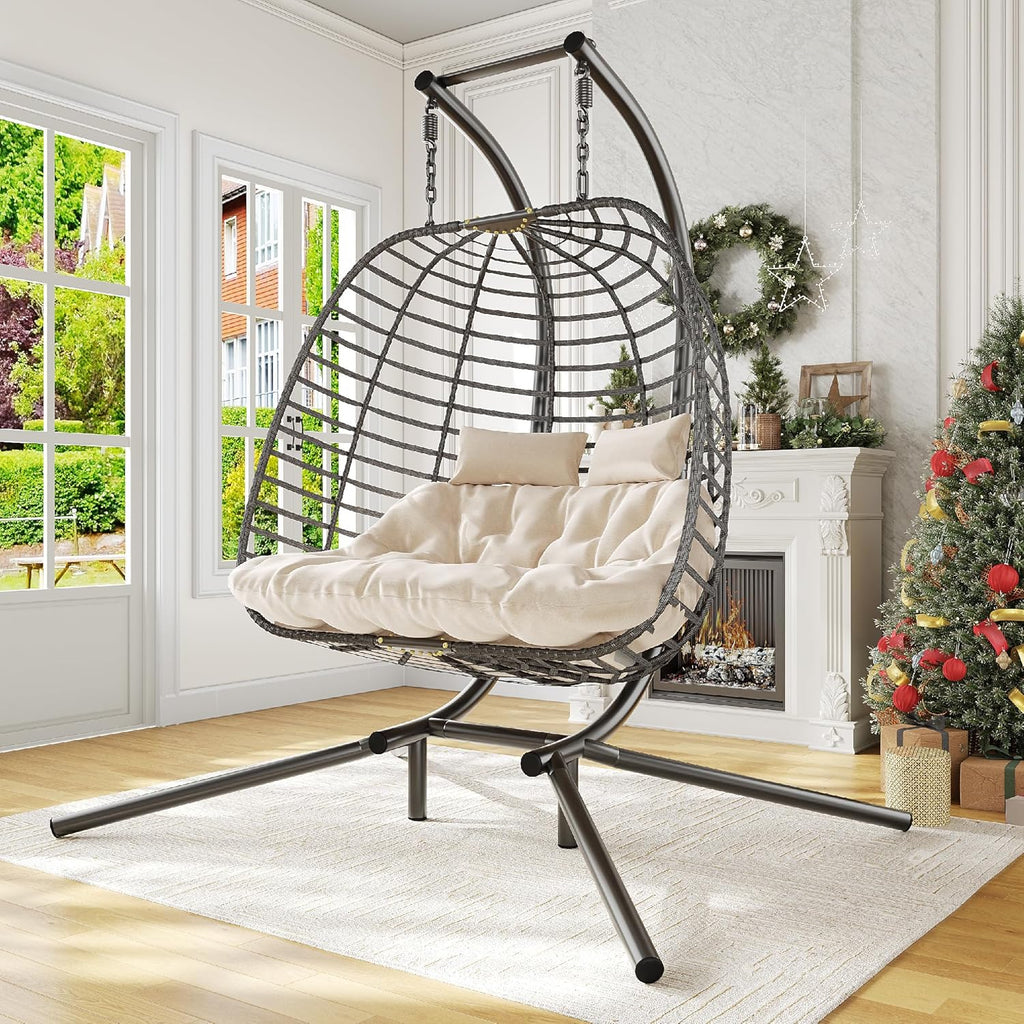 HWB Hanging Egg Chair with Stand Patio Wicker Hammock Egg Swing Chair Cushion for Bedroom