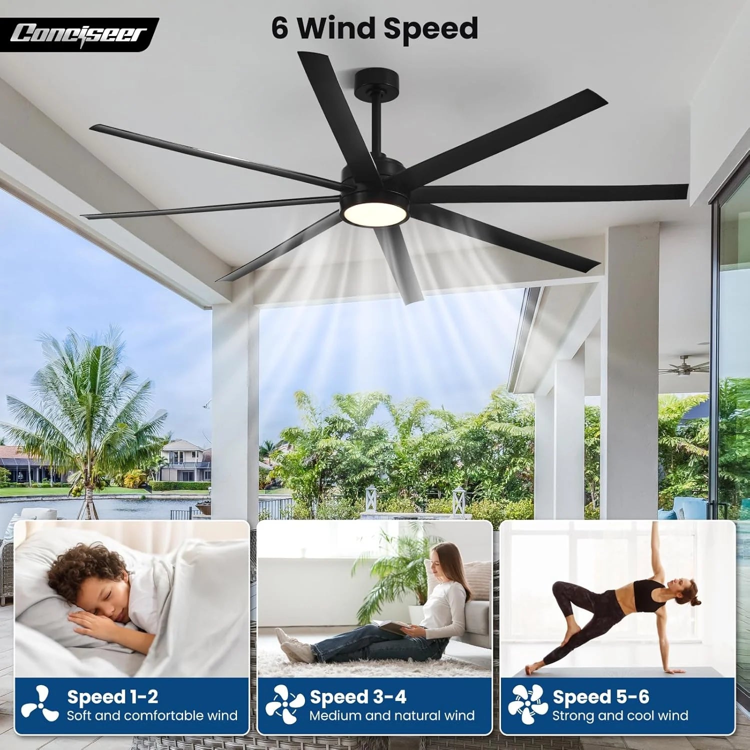 Modern Ceiling Fans with Lights, 72 Inch Ceiling Fan with Light and Remote, Bedroom Living Room Library Cafe Outdoor/Industrial,24W 3CCT Dimmable, 8 Blades 6 Speed Reversible Quiet DC Motor, Black