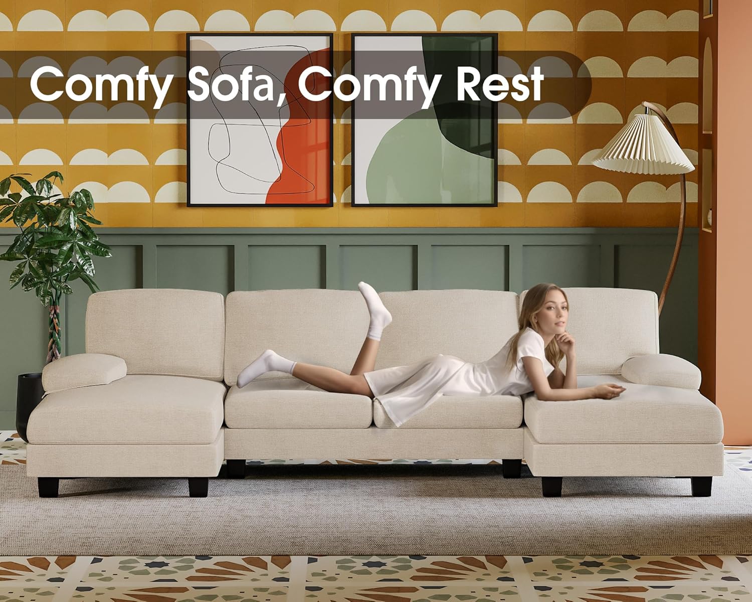 Furmax Sectional Couches for Living Room U-Shaped Sofa Couch Linen Fabric 4 Seat Sofa Set