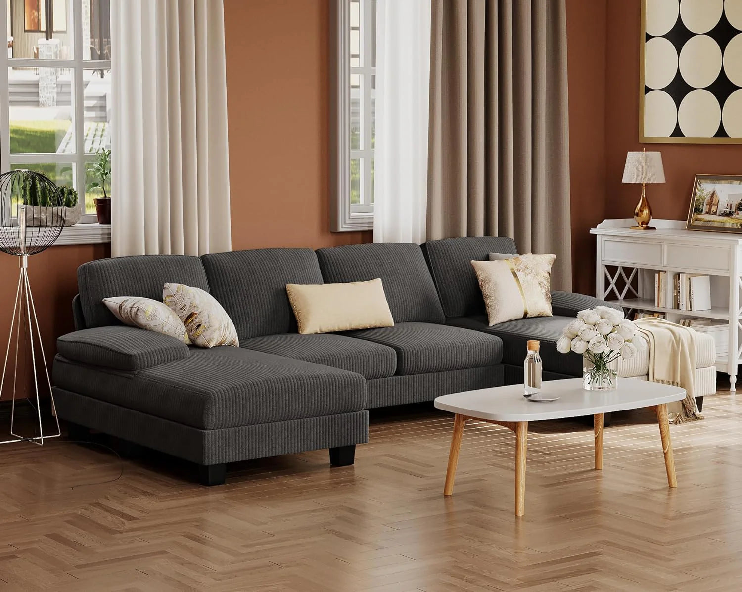 Furmax Sectional Couches for Living Room U-Shaped Sofa Couch Linen Fabric 4 Seat Sofa Set
