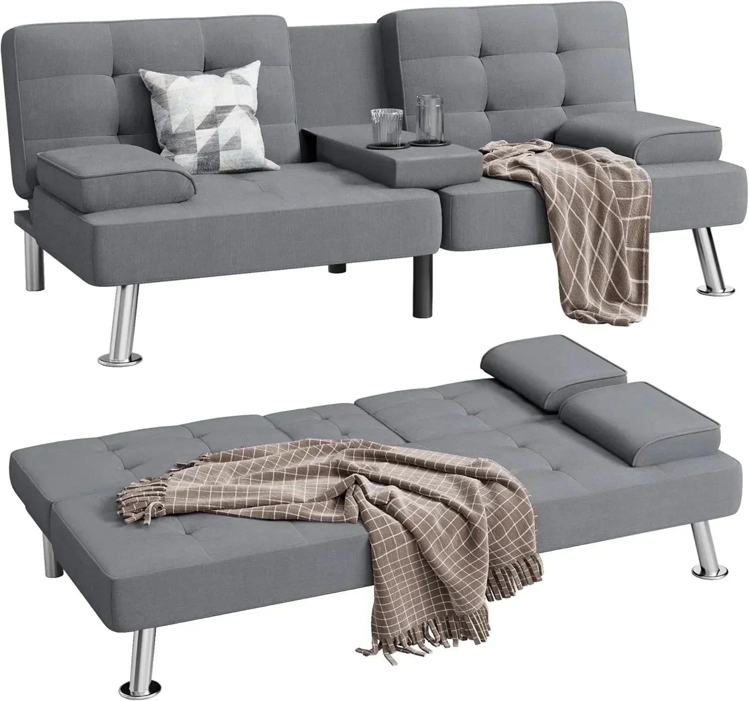 Shahoo Modern Linen Upholstered Convertible Folding Futon Sofa Bed with Removable Armrests