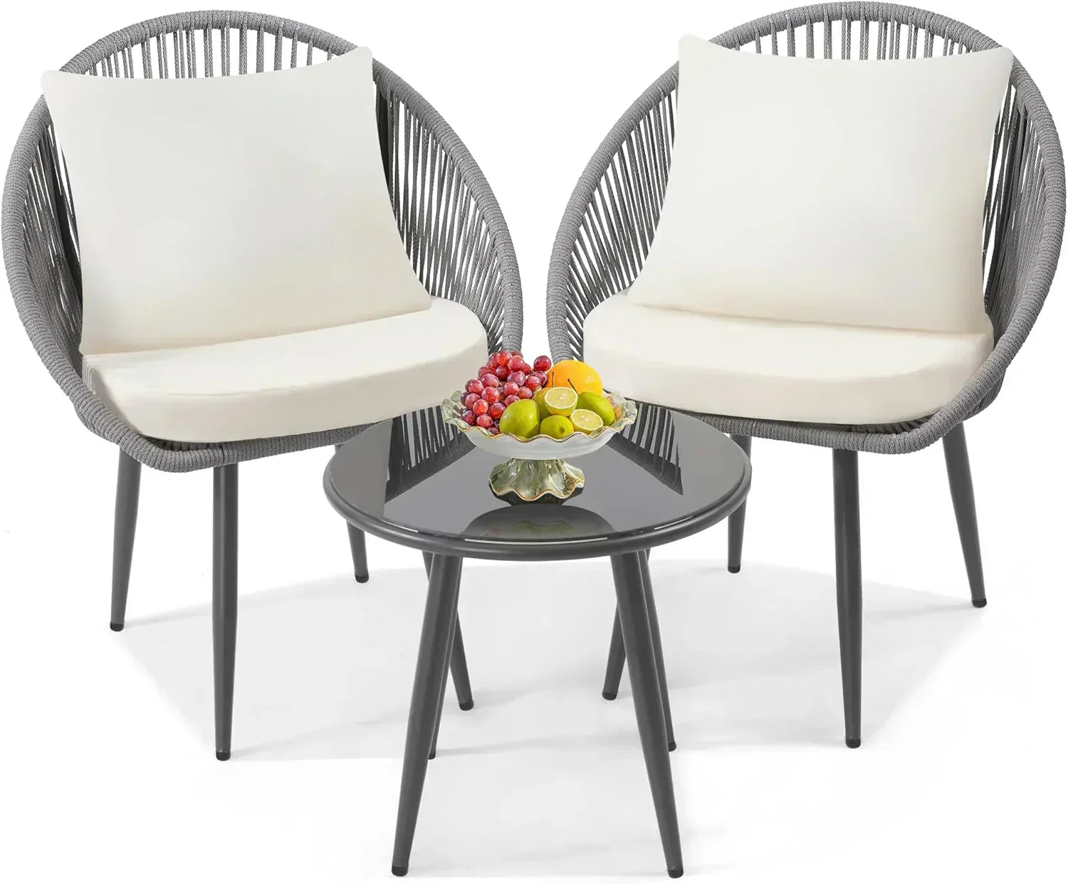 3 Piece Bistro Set Woven Rope Chair with Cushions All Weather Patio Conversation Set Side Table