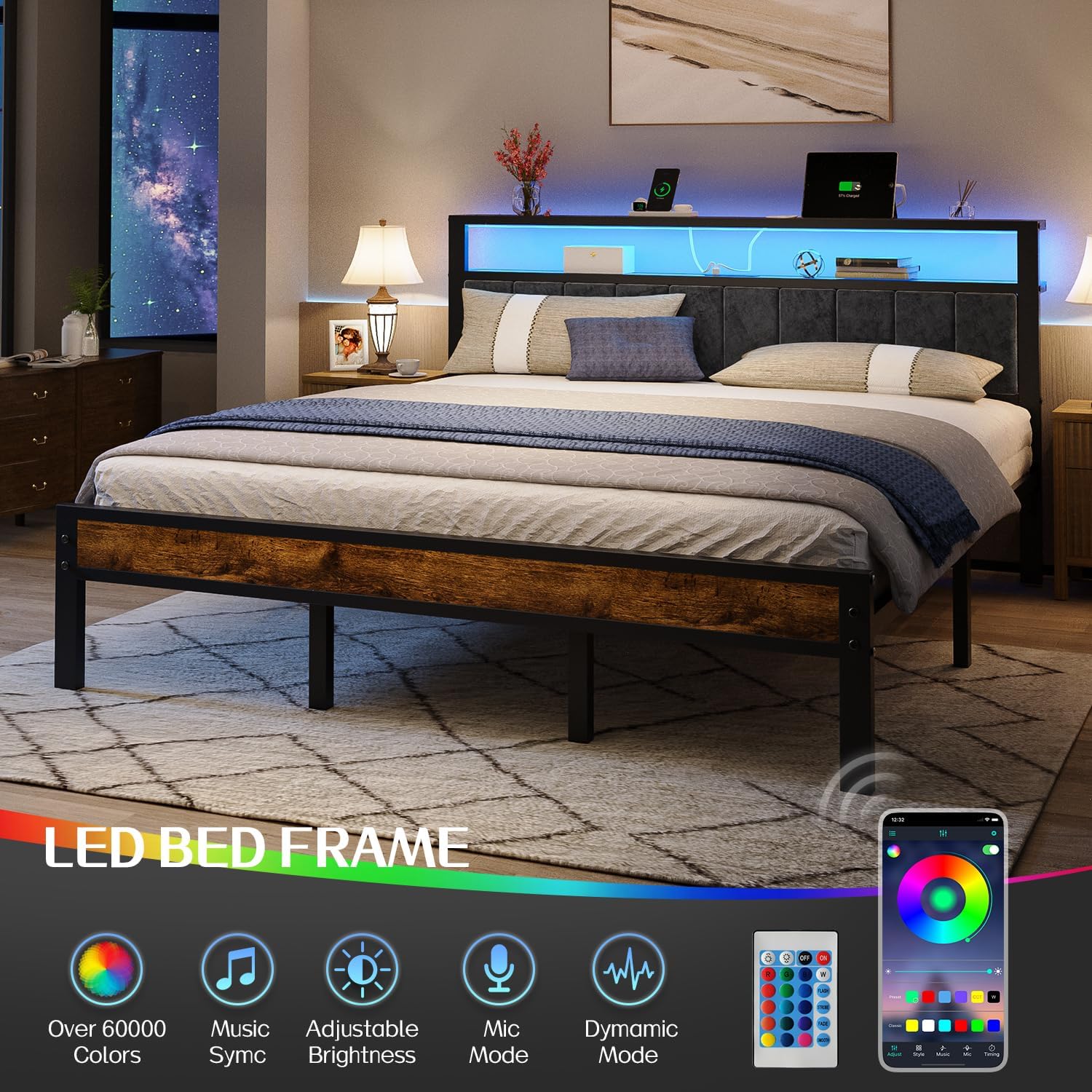 Queen Size Bed Frame with 2-Tier Storage Shelves Headboard Platform Bed with Charging Station