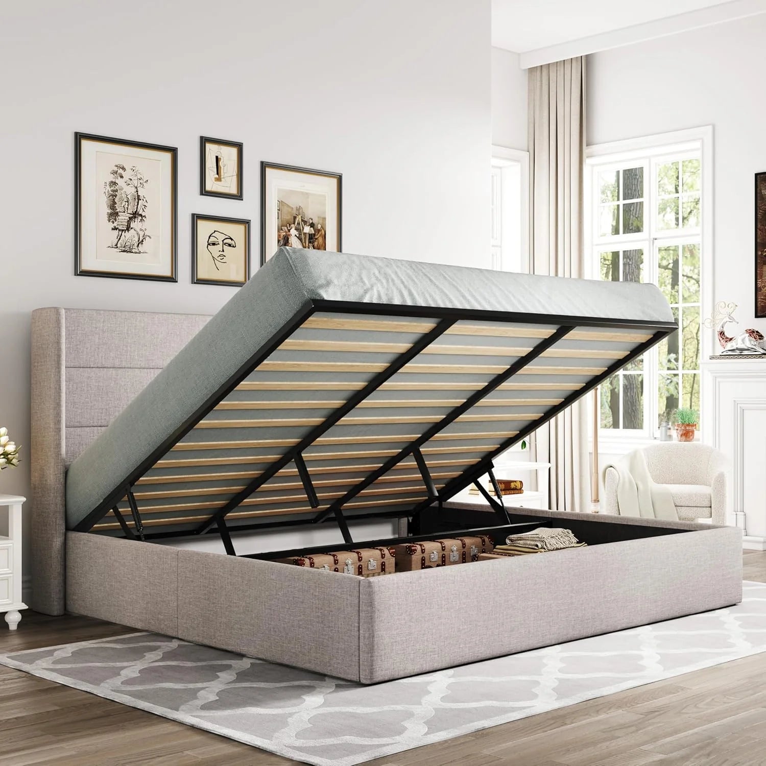 Allewie Queen Size Lift Up Storage Bed Modern Wingback Headboard Hydraulic Support