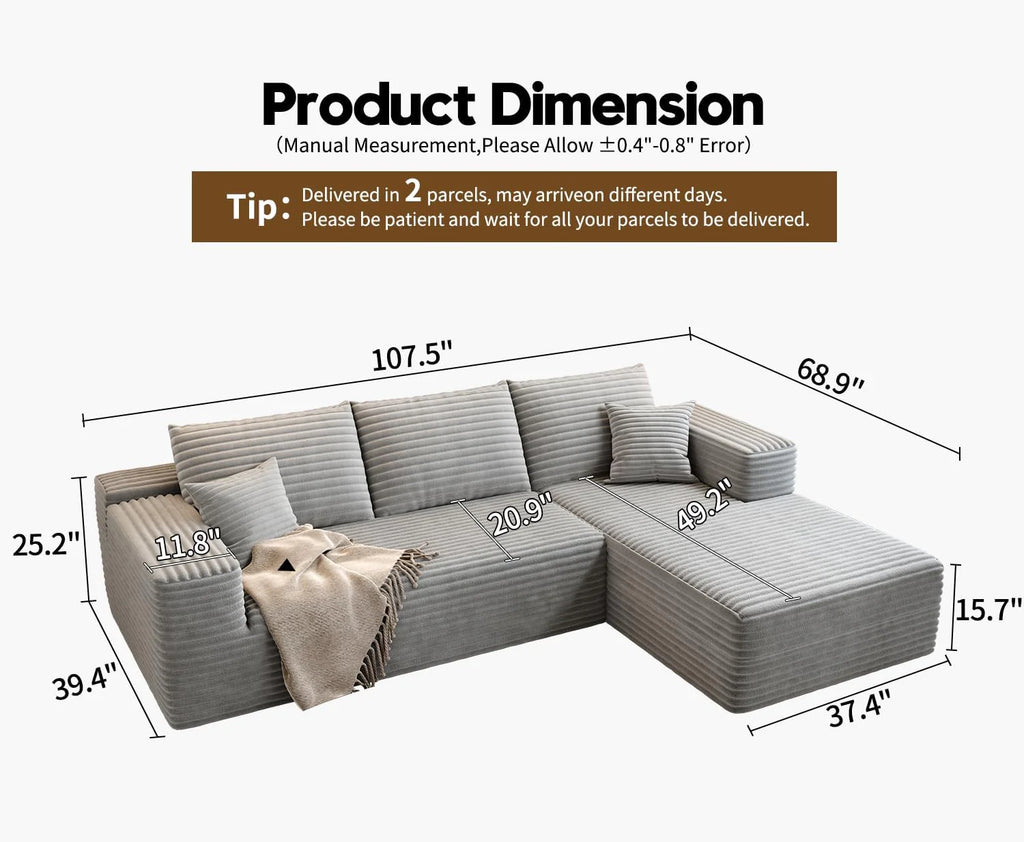 107.5 inch Cloud Modular Sectional Sofa with L-Shaped Chaise Lounge, Modern Minimalist Upholstered Sofa Deep Seating Corner Sofa
