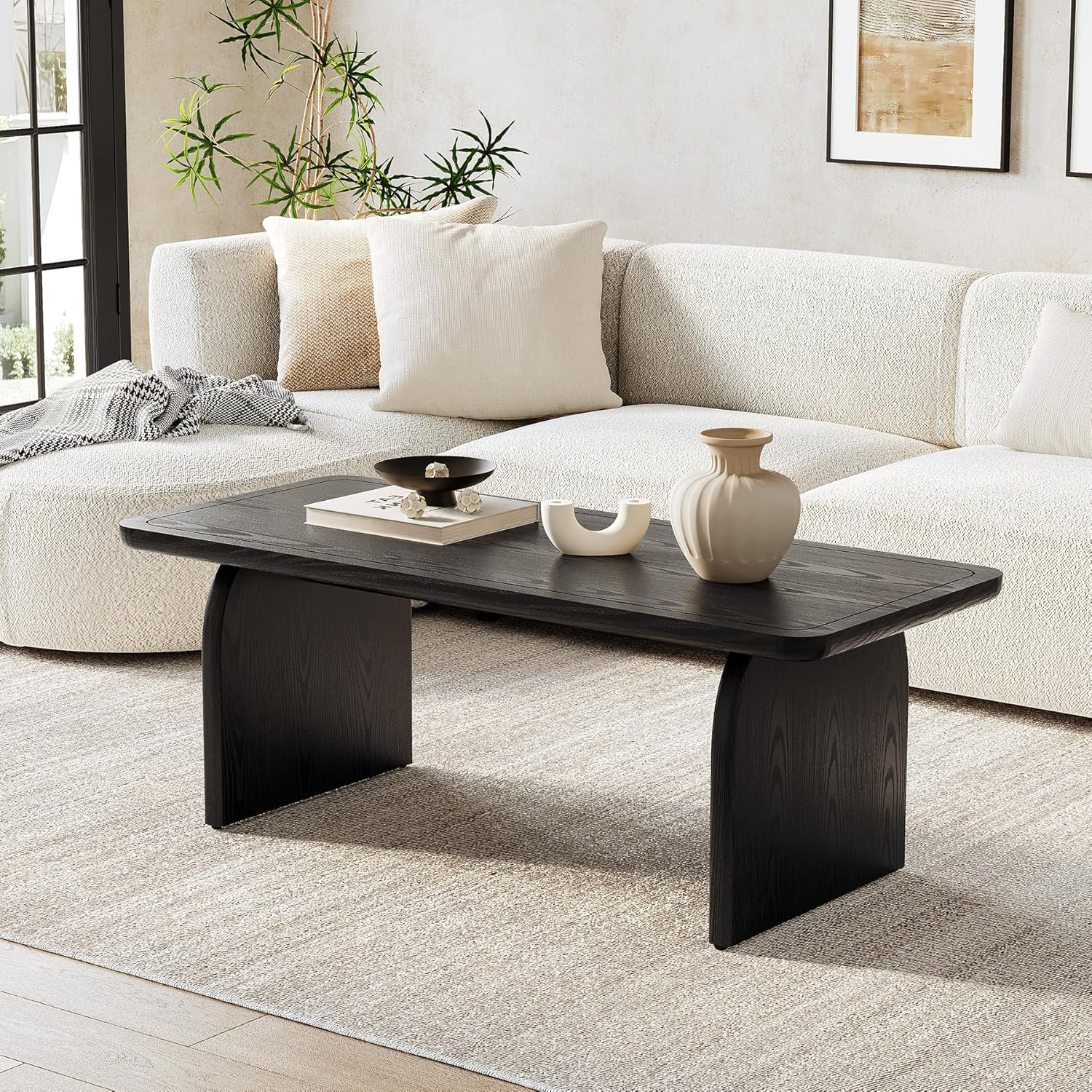 LITTLE TREE Farmhouse Coffee Table, 47 Inch Round Corner Wood Center Table, Rectangular Living Room Table, Modern Low Cocktail Tea Set