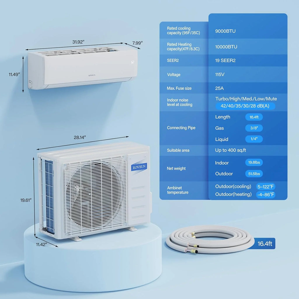ROVSUN 9000 BTU Wifi Enabled Mini Split Air Conditioner & Heater with Inverter, 19 SEER2 Energy Saving 115V Ductless Split AC Unit with Pre-Charged Condenser, Heat Pump & Installation Kit