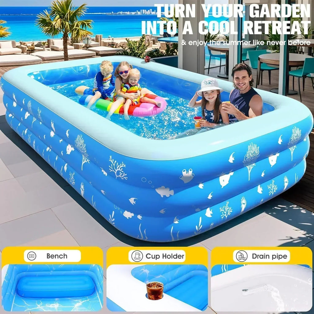 Inflatable Pool with Seat and Pool Lights Durable Thickened Large Size Family Inflatable Pools