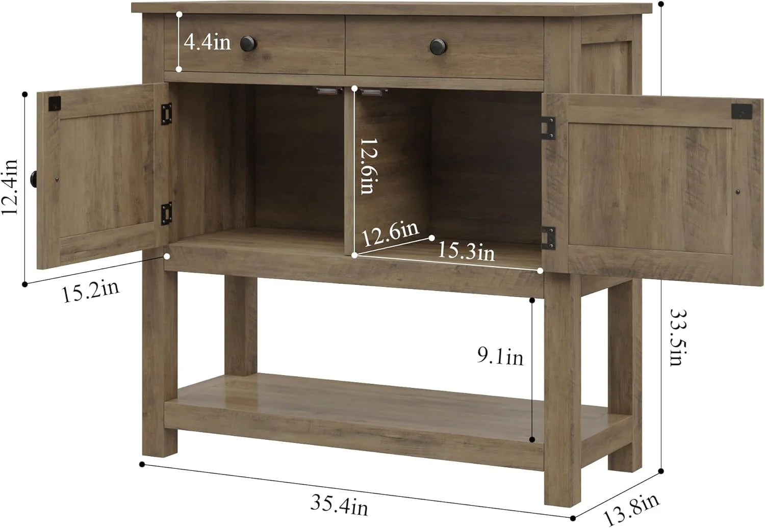 Farmhouse style console table coffee bar, entry table with storage rack, sofa table buffet sideboard