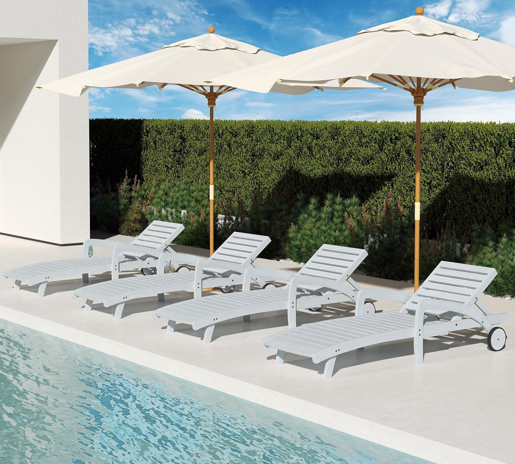 Pool Chaise Lounge Chairs Set of 4 5-Position Adjustable Outdoor Patio Lounge Chairs Wood Reclining Chaise Lounger Chair with Pullout Side Table