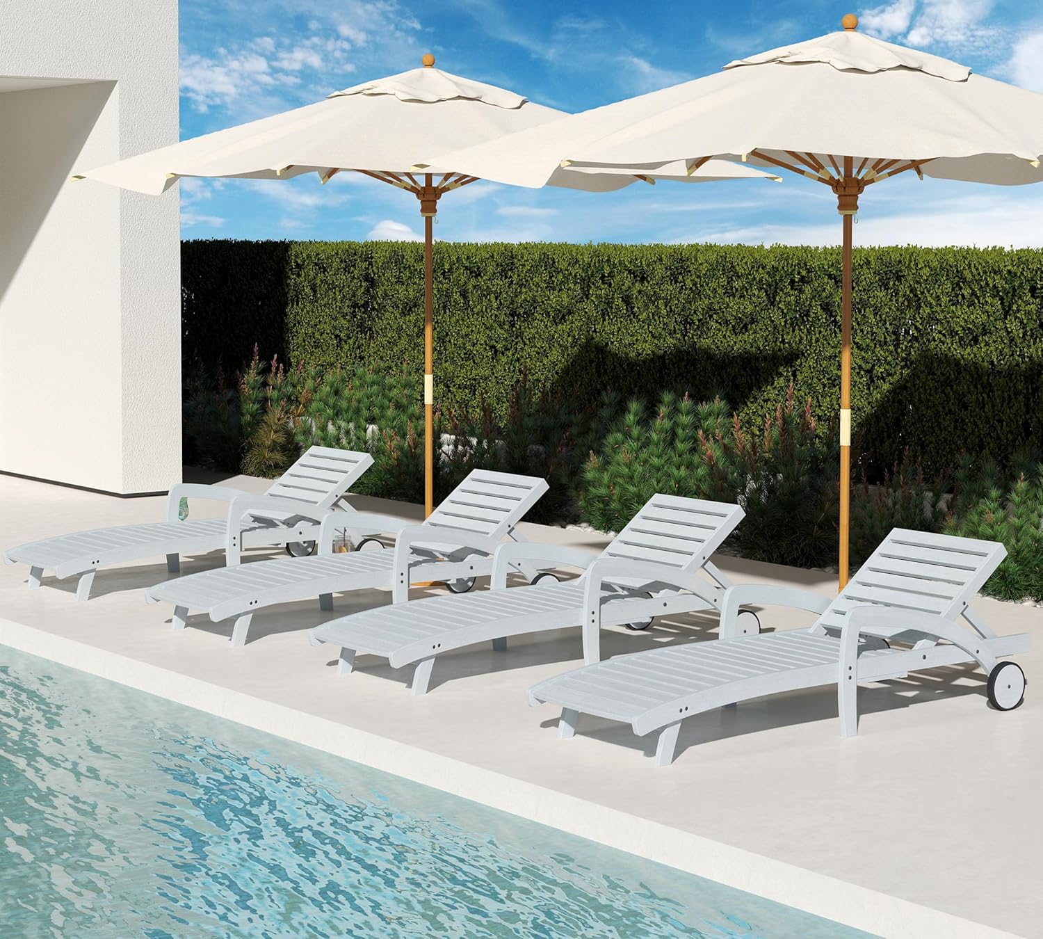 Pool Chaise Lounge Chairs Set of 4 5-Position Adjustable Outdoor Patio Lounge Chairs Wood Reclining Chaise Lounger Chair with Pullout Side Table