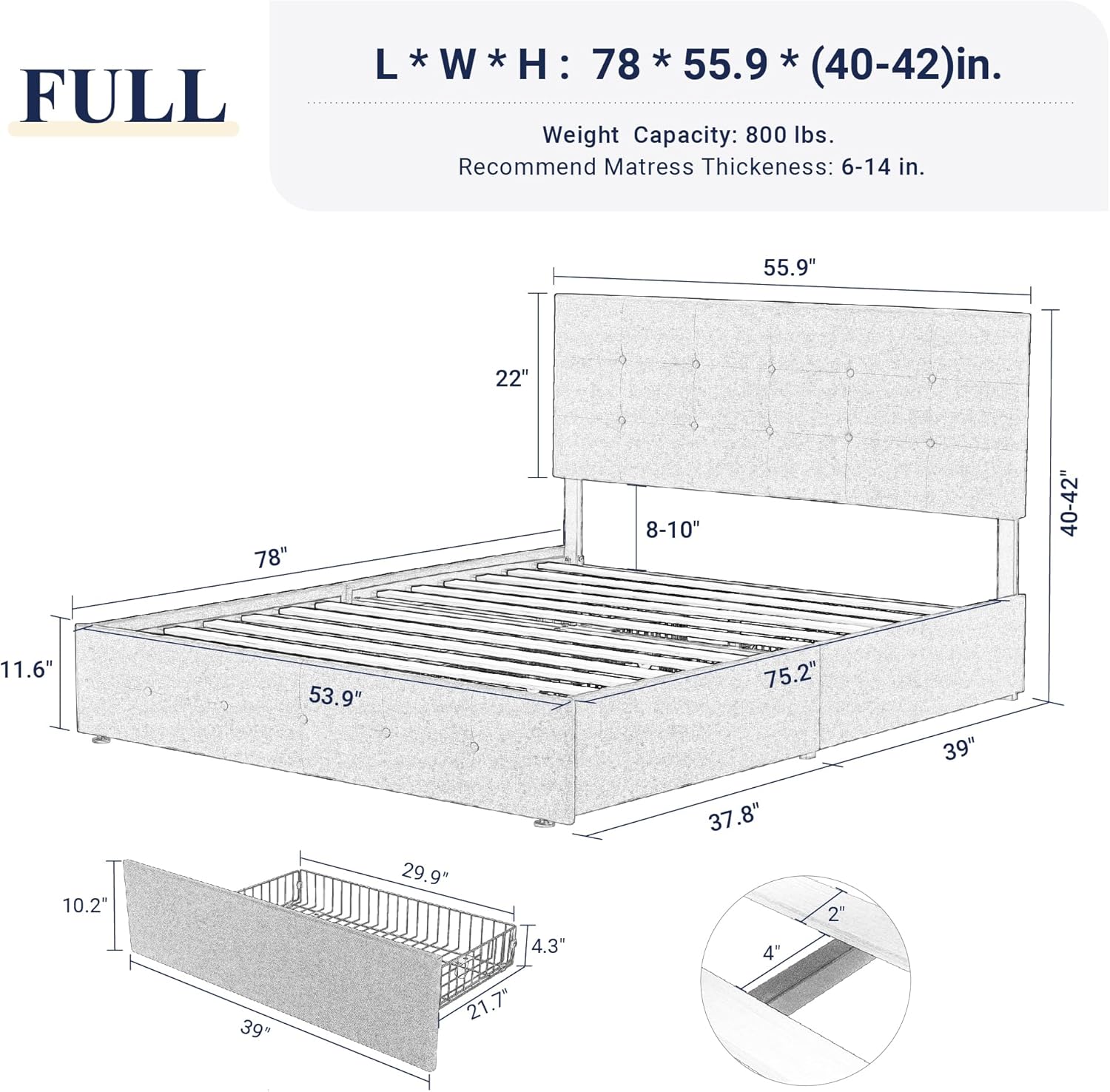 Allewie Upholstered Queen Size Platform Bed Frame with 4 Storage Drawers and Headboard
