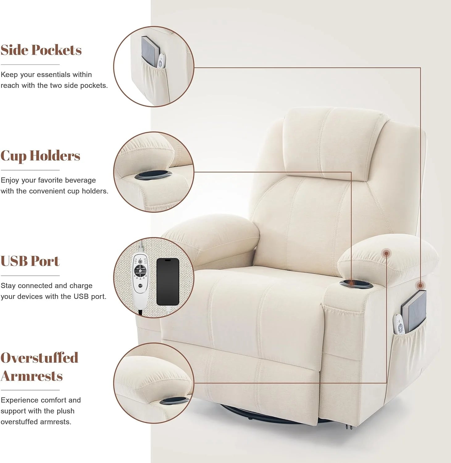 Large Swivel Rocking Recliner with Heating and Massage Function, 360 Degree Swivel Rocking Single Sofa