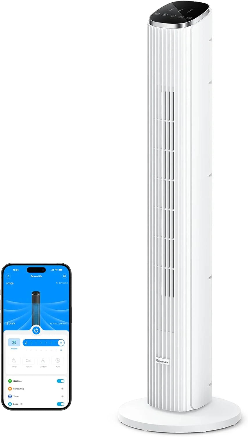 GoveeLife Black Tower Fan for Bedroom, 36 Smart Floor Fan with App/Voice Control, Temperature Sensor, 5 Modes 8 Speeds(25ft/s), 29dB Quiet Oscillating Fan for Office, 24H Timer, Auto Cooling