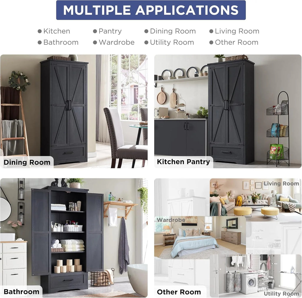 JXQTLINGMU Farmhouse Kitchen Pantry - 72 Tall Wood Kitchen Storage Cabinet with Adjustable Shelves and 2 Barn-Style Doors and Drawers