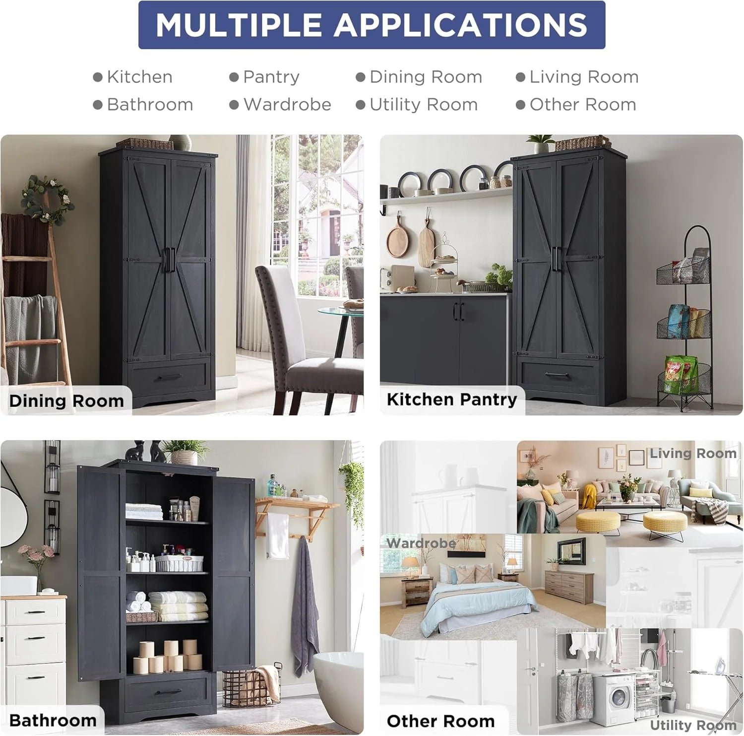 JXQTLINGMU Farmhouse Kitchen Pantry - 72 Tall Wood Kitchen Storage Cabinet with Adjustable Shelves and 2 Barn-Style Doors and Drawers