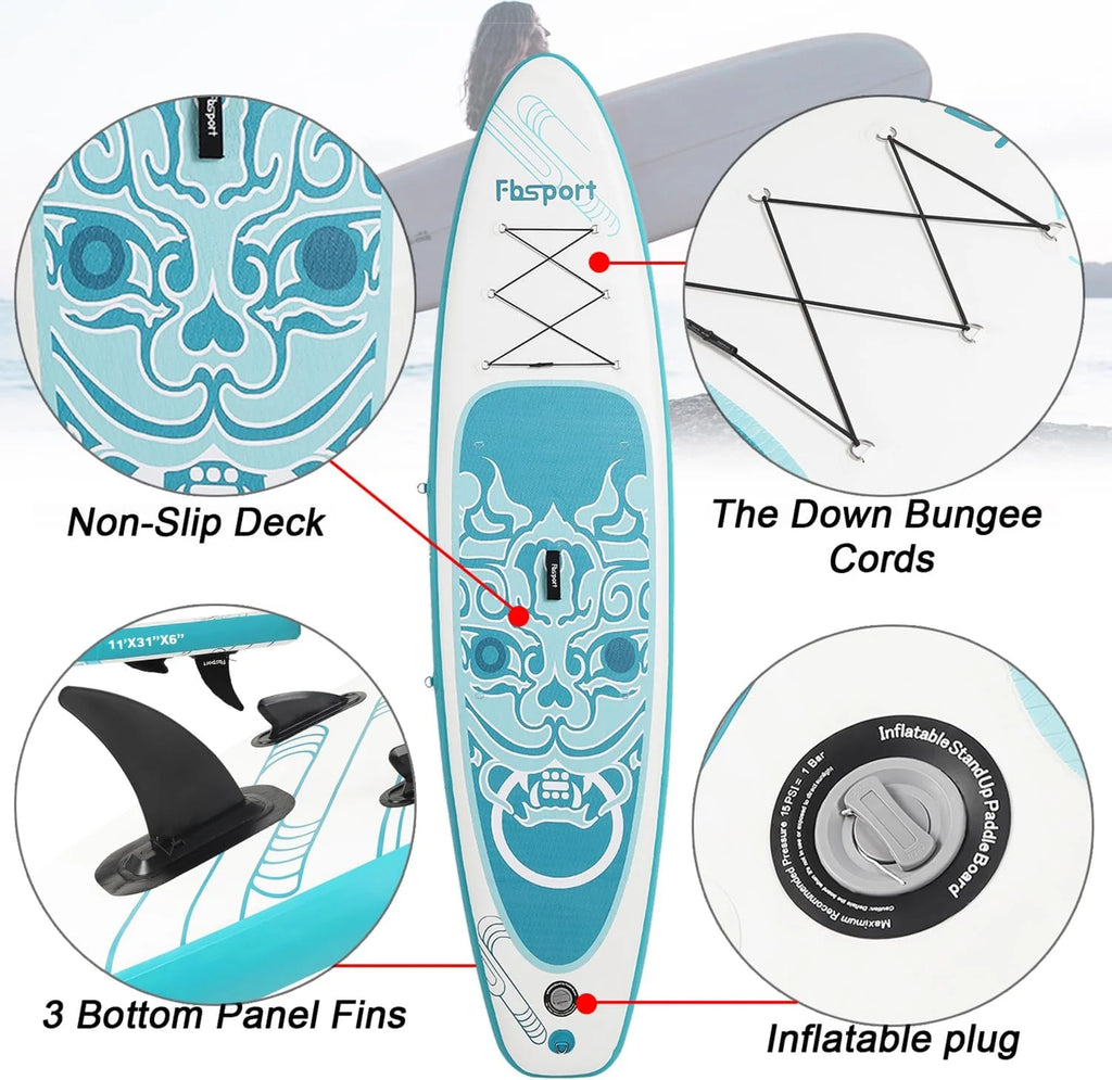 FBSPORT 11' Premium Stand Up Paddle Board, Yoga Board with Durable SUP Accessories & Carry Bag | Wide Stance, Surf Control, Non-Slip Deck, Leash, Paddle and Pump for Youth & Adult