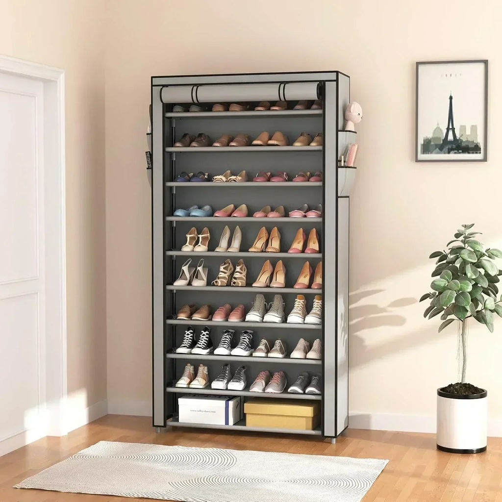 ROJASOP 10 Tier Shoe Rack with Covers Large Capacity Stackable Tall Shoe Shelf Storage