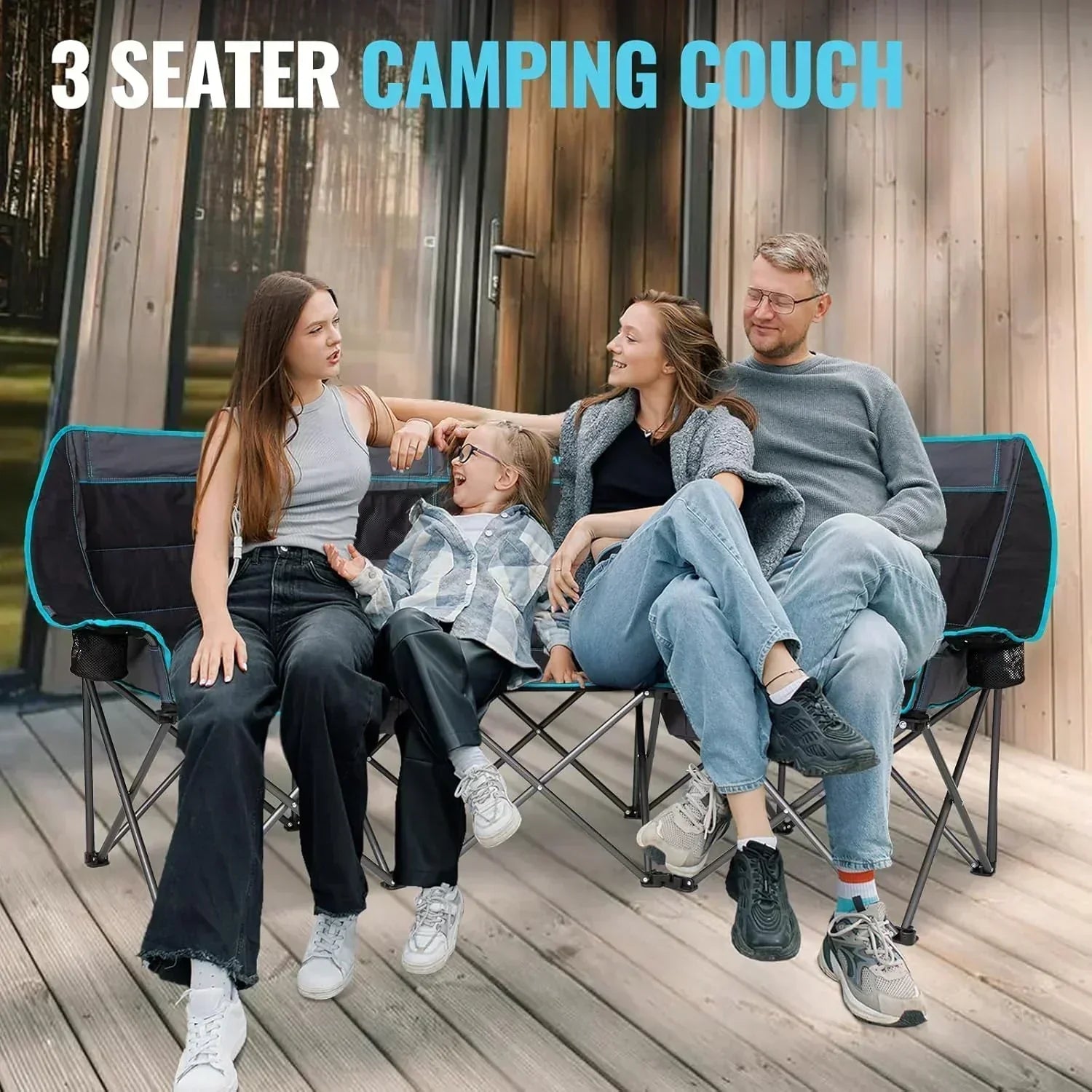 Double Camping Chair Cooler 3-Person Folding Extra Large Camping Chair 1000-Pound Capacity
