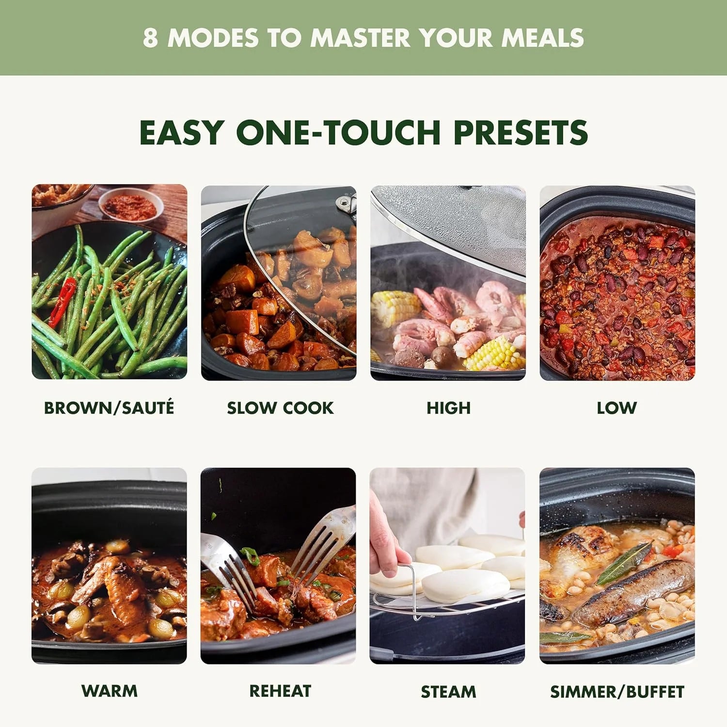 8-in-1 Programmable 6QT Electric Slow Cooker with Dishwasher-Safe Lid and Removable Base