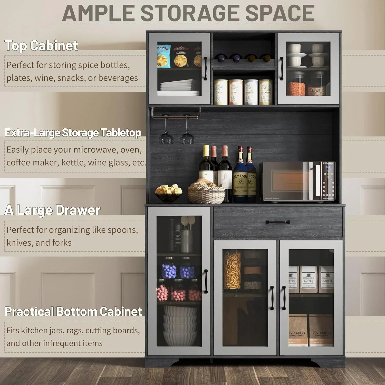 Kitchen Hutch Pantry Cabinet 71 Tall with Glass Doors