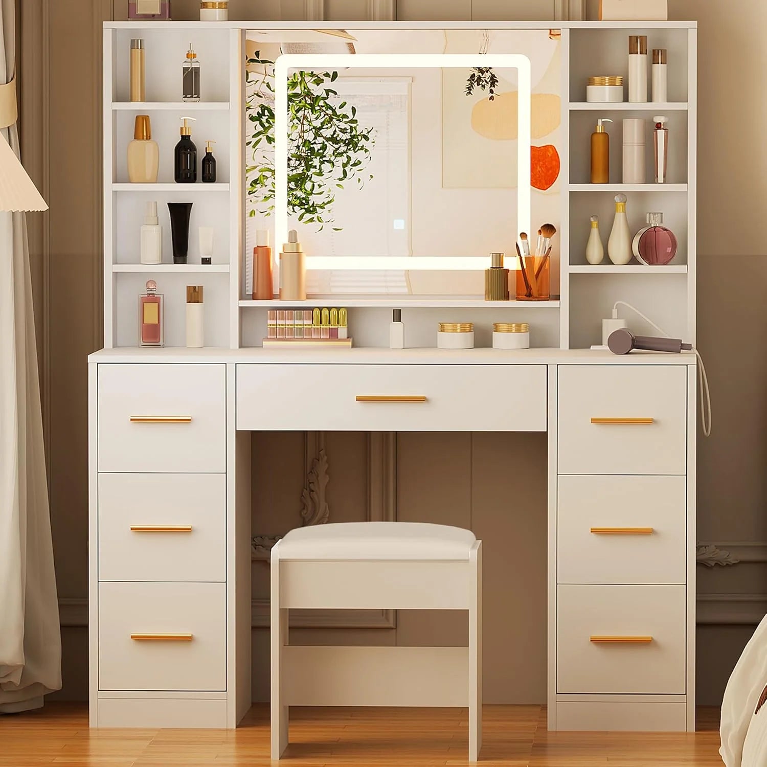 ANWBROAD Vanity Desk Table with Lighted Mirror 39.4 Girls Makeup Vanity