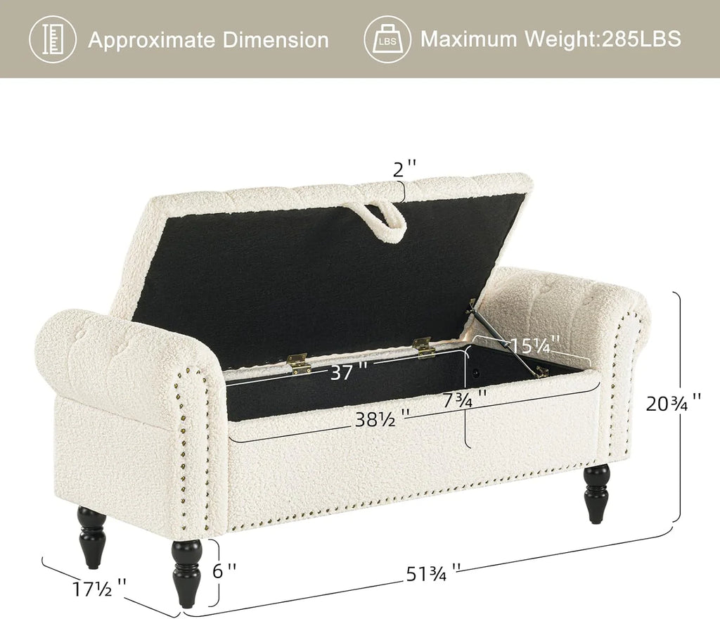 Furniliving Modern Storage Ottoman Bench, Sherpa Ottoman End of Bed Bench with Solid Wood Legs Upholstered Ottoman Benches with Storage Indoor Bench