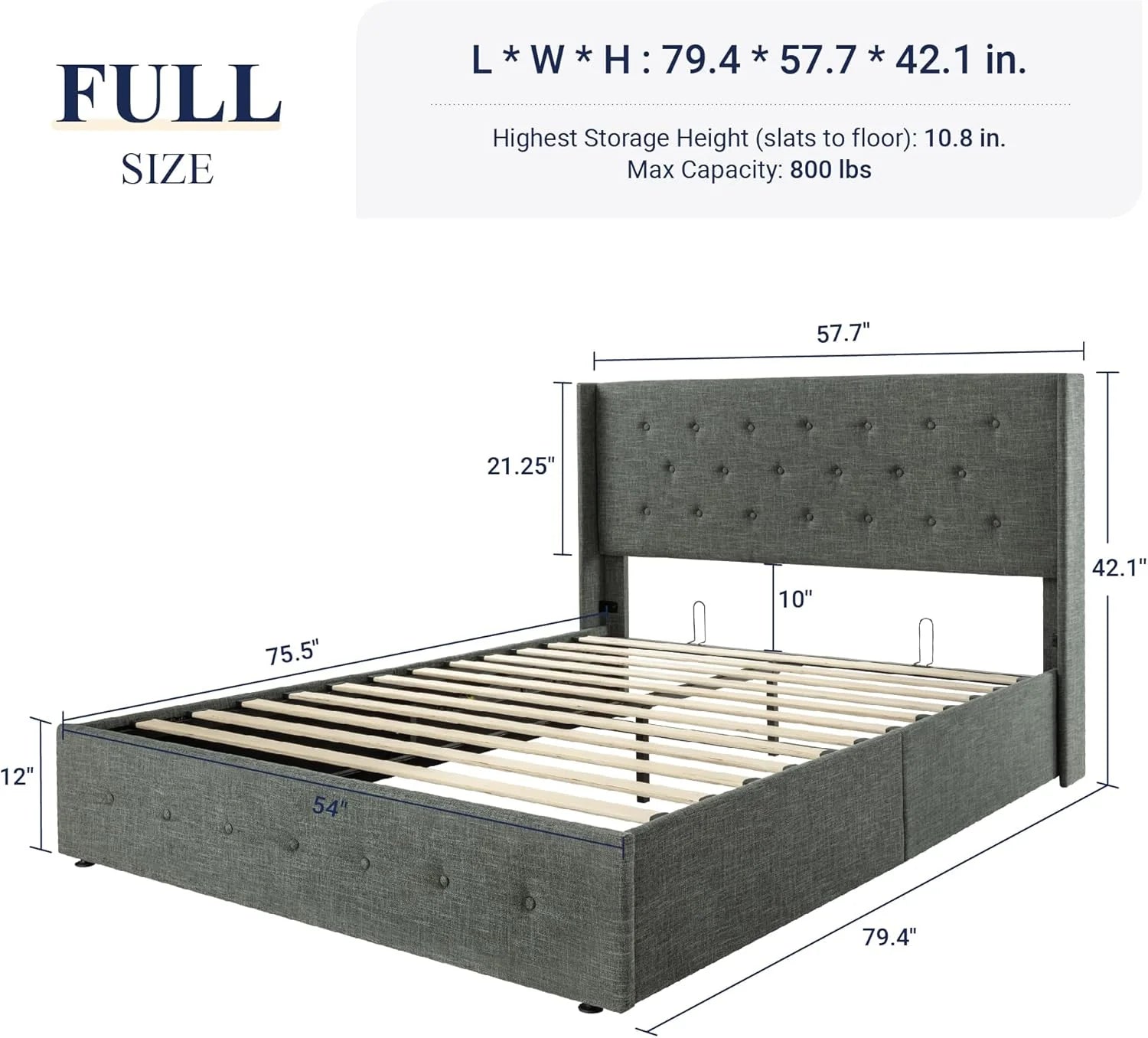 Allewie Queen Size Lift Up Storage Bed Modern Wingback Headboard Hydraulic Support