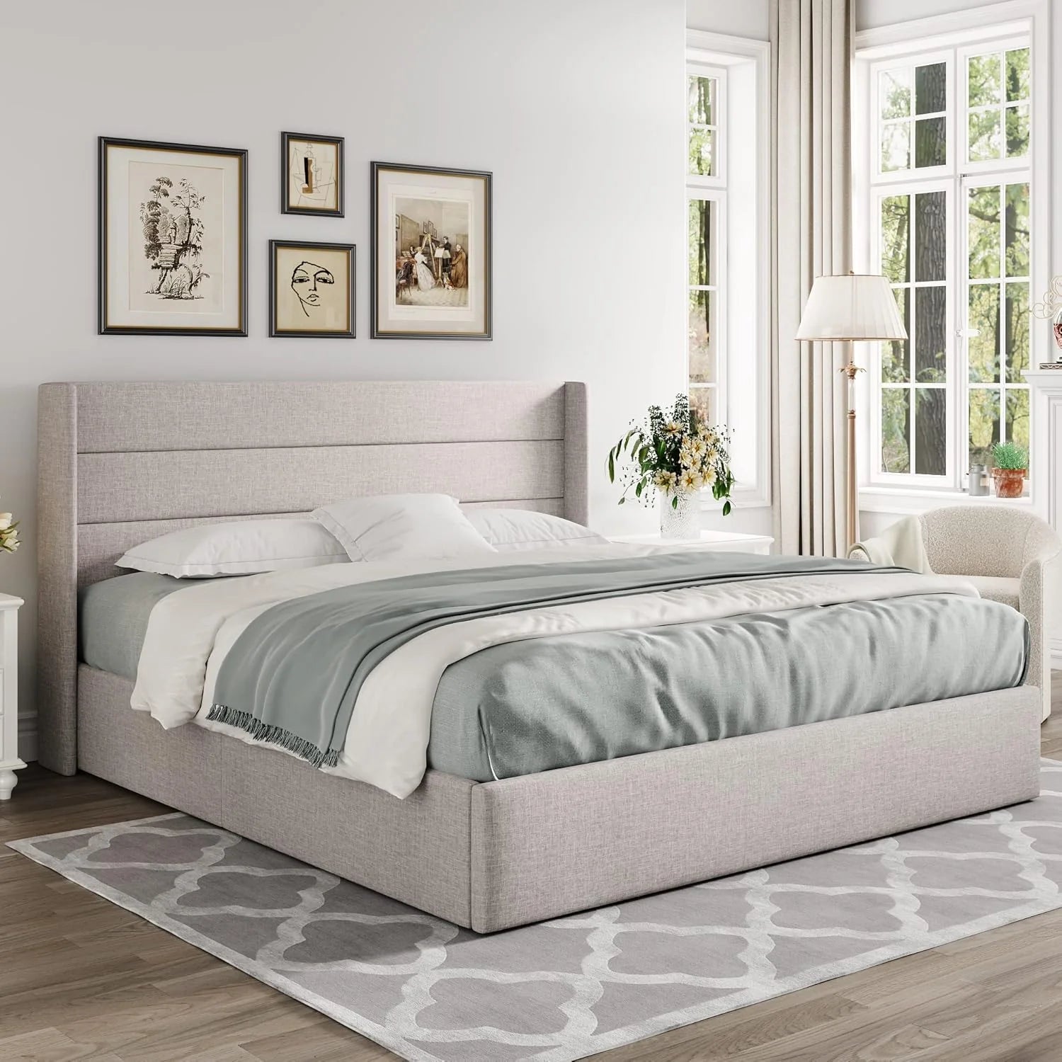 Allewie Queen Size Lift Up Storage Bed Modern Wingback Headboard Hydraulic Support