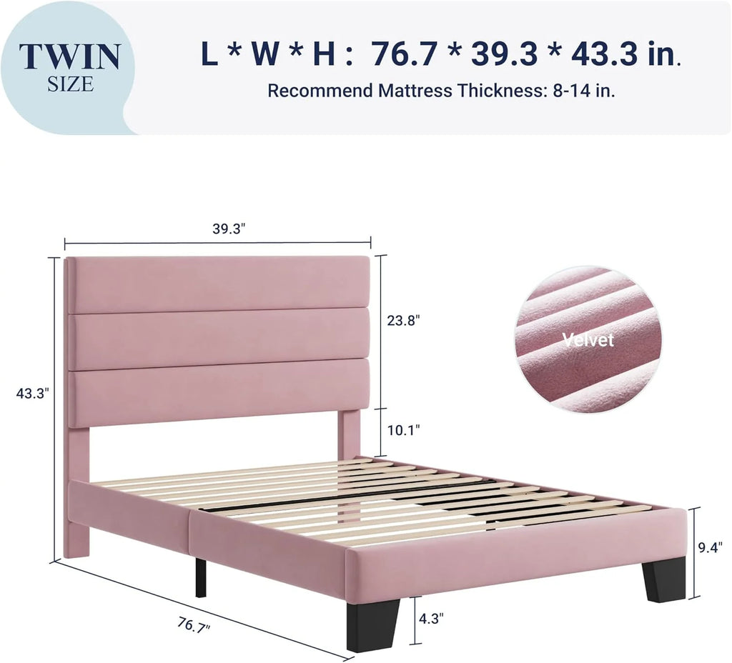 Allewie Queen Size Platform Bed Frame Fabric Upholstered Headboard Wooden Slats Support