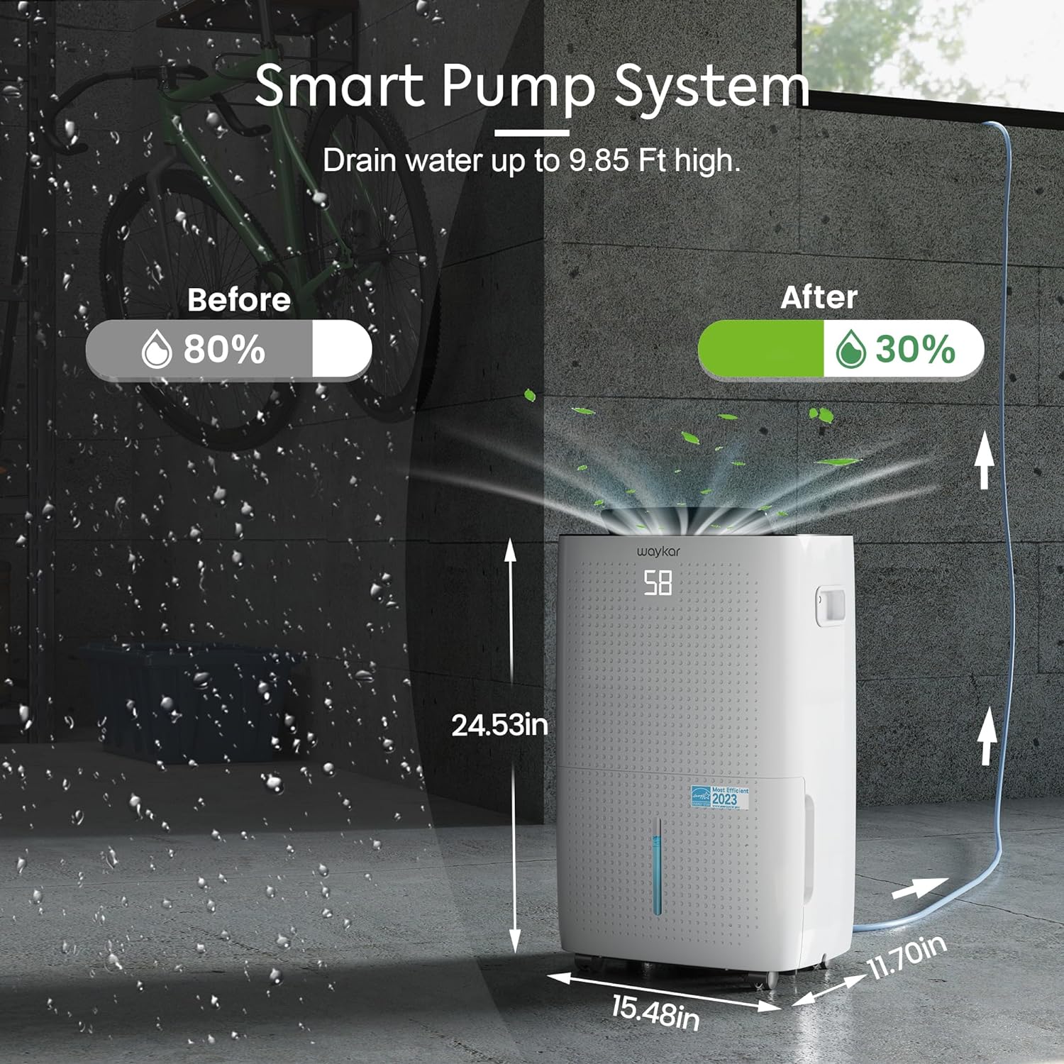 Waykar 2000 Sq. Ft Dehumidifier for Home and Basements, with Auto or Manual Drainage, 0.66 Gallon Water Tank Capacity