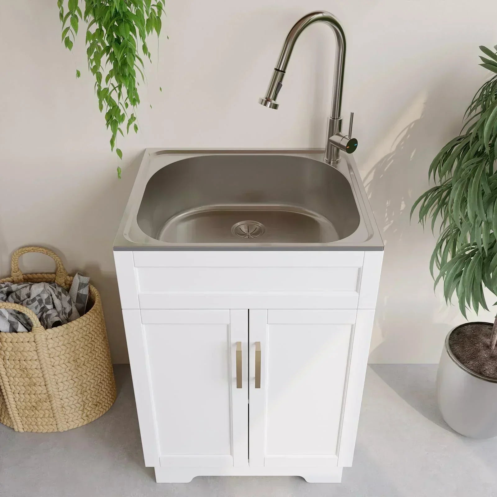 Laundry Sink Cabinet with Stainless Steel Sink and Pull-Down Faucet Utility Sink