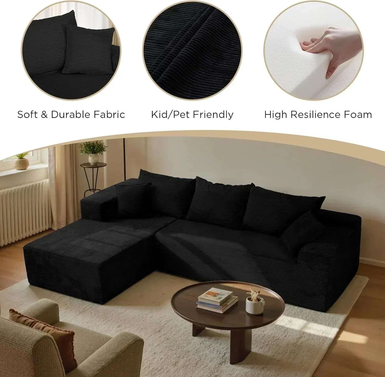 Cloud sofa with L-shaped lounge chair modern modular sofa with deep seats