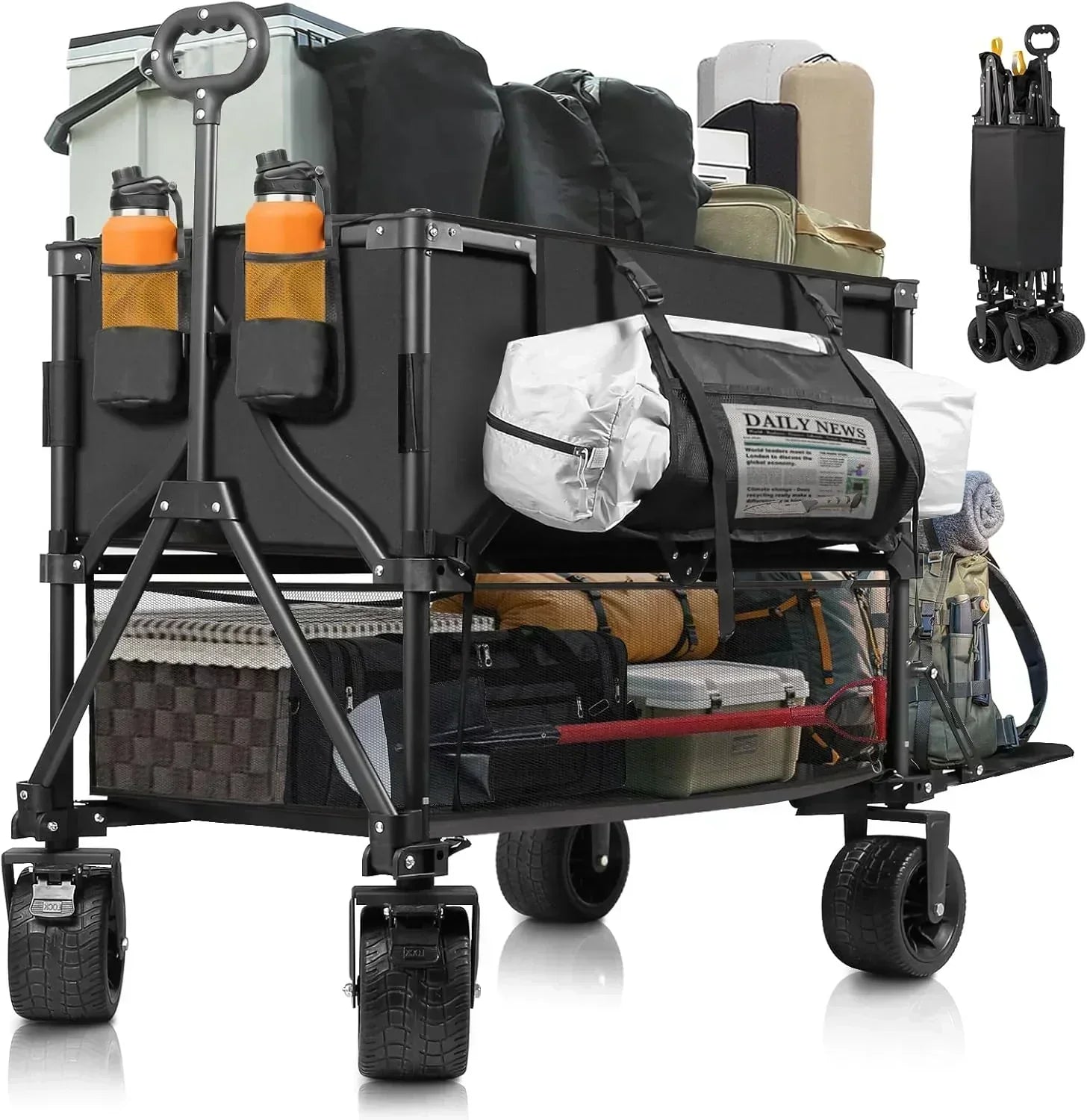 Double Decker Wagon Heavy Duty Collapsible 600LBS 400L Capacity Foldable Utility Cart