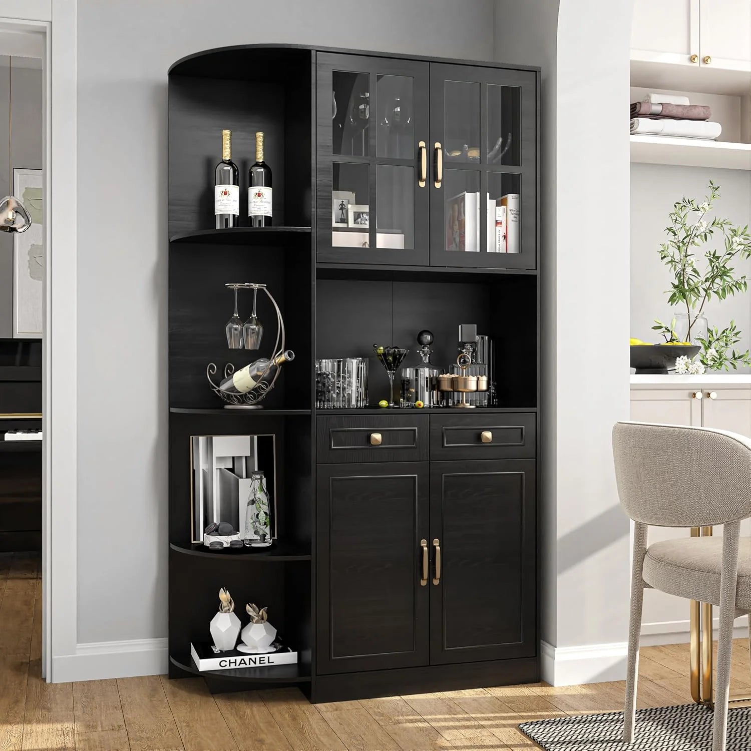 Kitchen Hutch Pantry Cabinet 71 Tall with Glass Doors
