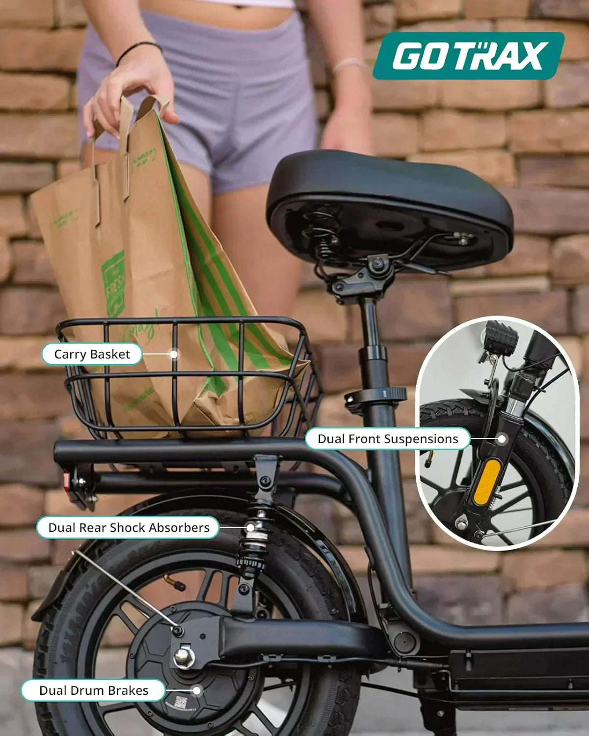Gotrax adult electric scooter with seat maximum range of 19-25 miles all-terrain tires wide pedals