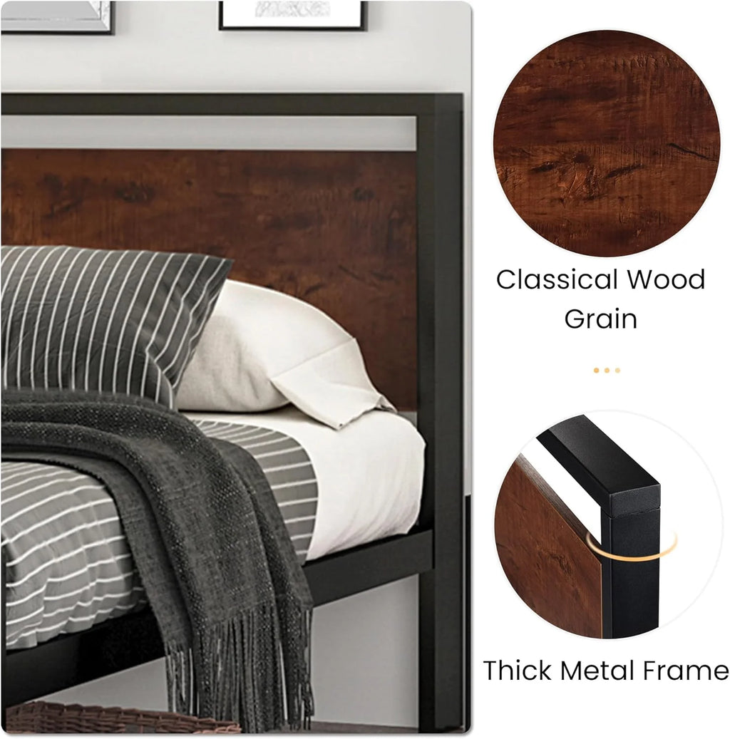 SHA CERLIN 14 Inch Full Size Metal Platform Bed Frame with Wooden Headboard and Footboard