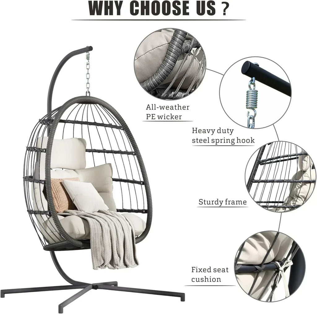 HWB Hanging Egg Chair with Stand Patio Wicker Hammock Egg Swing Chair Cushion for Bedroom