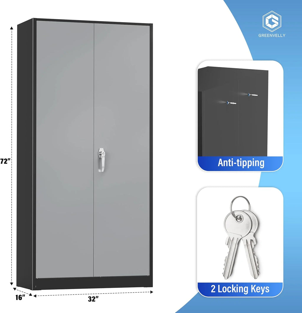 Greenvelly Metal Storage Cabinet, 72 Black Locking Metal Cabinet with 2 Doors and 4 Adjustable Shelves, Lockable Garage Storage Cabinets for Home Office, Garage, Kitchen, Living Room