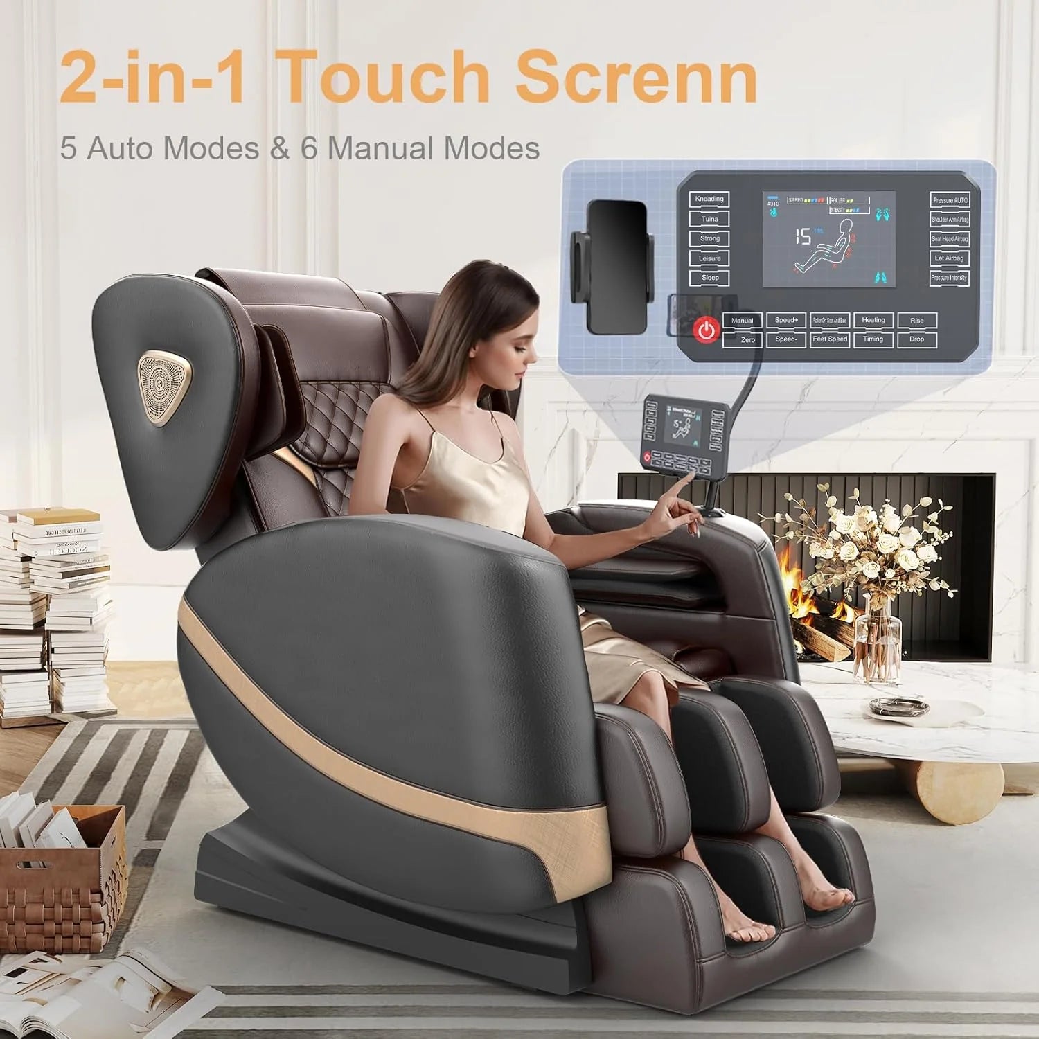 2025 Massage Chair Full Body, Zero Gravity Massage Chair with 10 Fix Rollers, Heating, Foot Massage, Auto Modes, Bluetooth Speaker, Touch Screen Controller (Brown Premium)