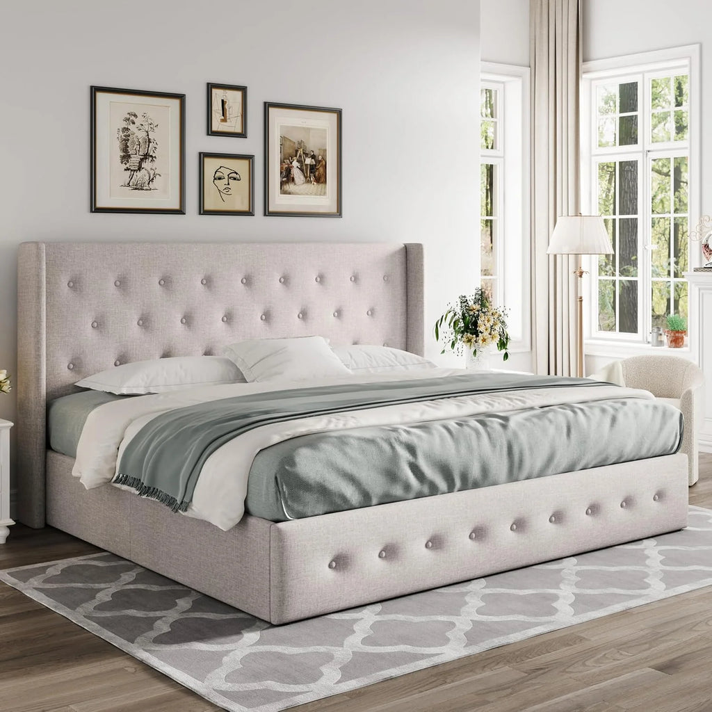 Allewie Queen Size Lift Up Storage Bed Modern Wingback Headboard Hydraulic Support