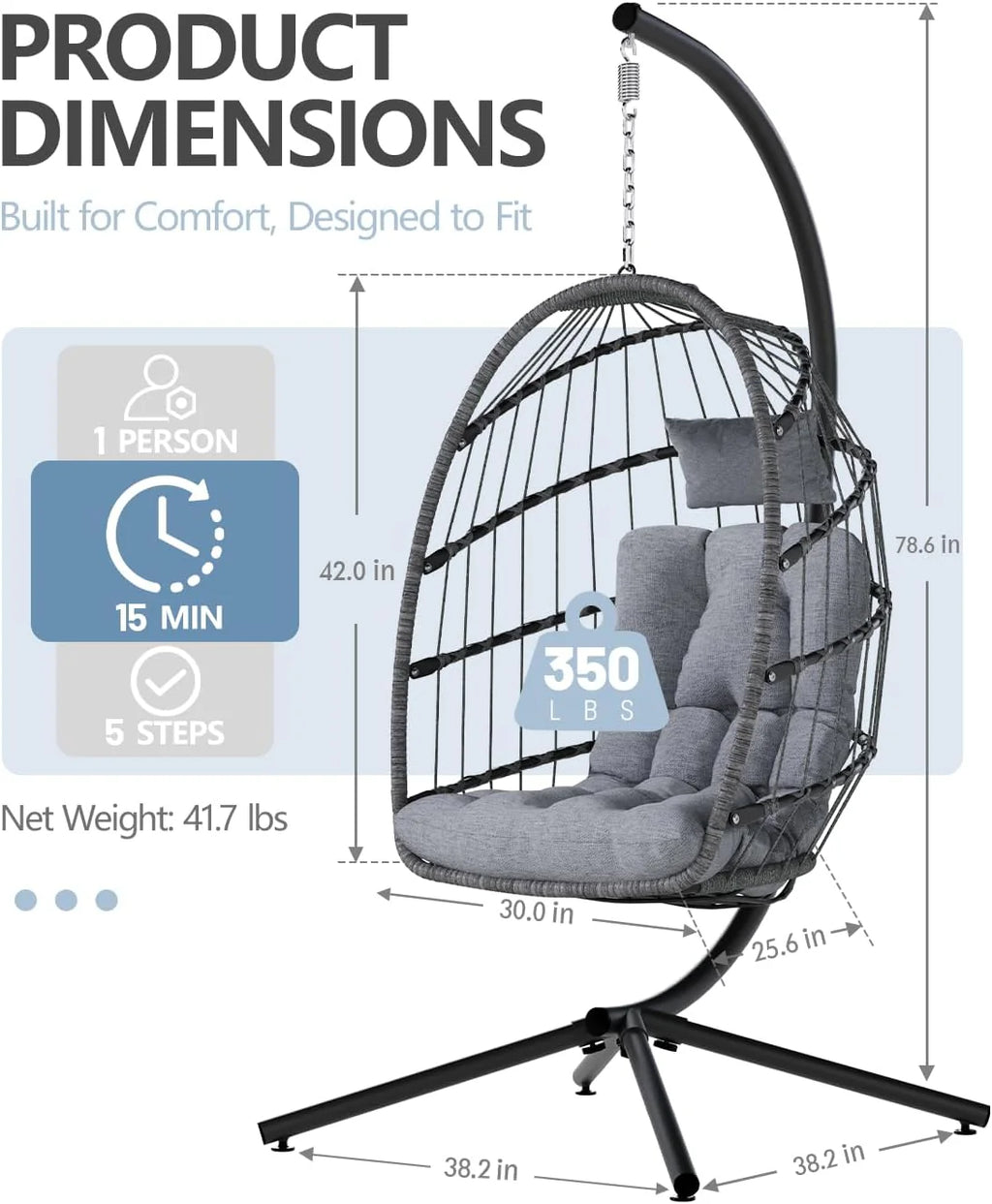 SWITTE Egg Chair Outdoor Indoor Wicker Hanging Egg Swing Chair 350lbs Capacity for Patio