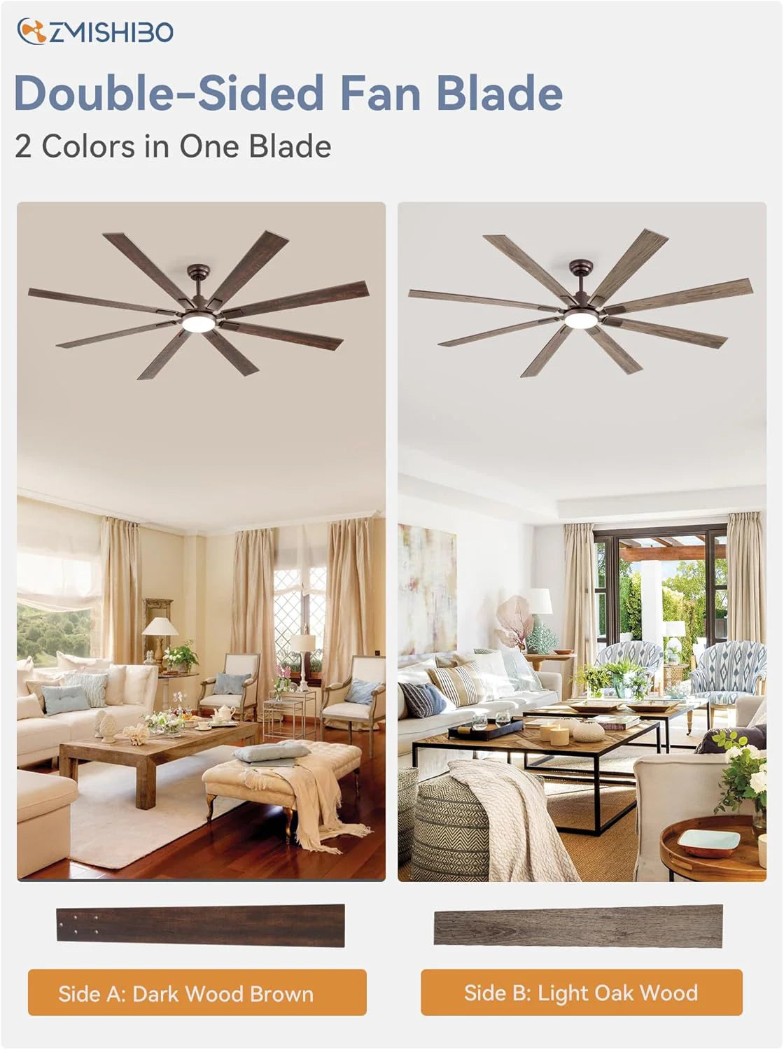ZMISHIBO 72 inch Large Ceiling Fans with Lights and Remote, Indoor/Outdoor Black Modern Ceiling Fan for Kitchen Living Room Patio, 6 Speed Reversible Quiet DC Motor, 3 CCT, Dual Finish 8 Blades