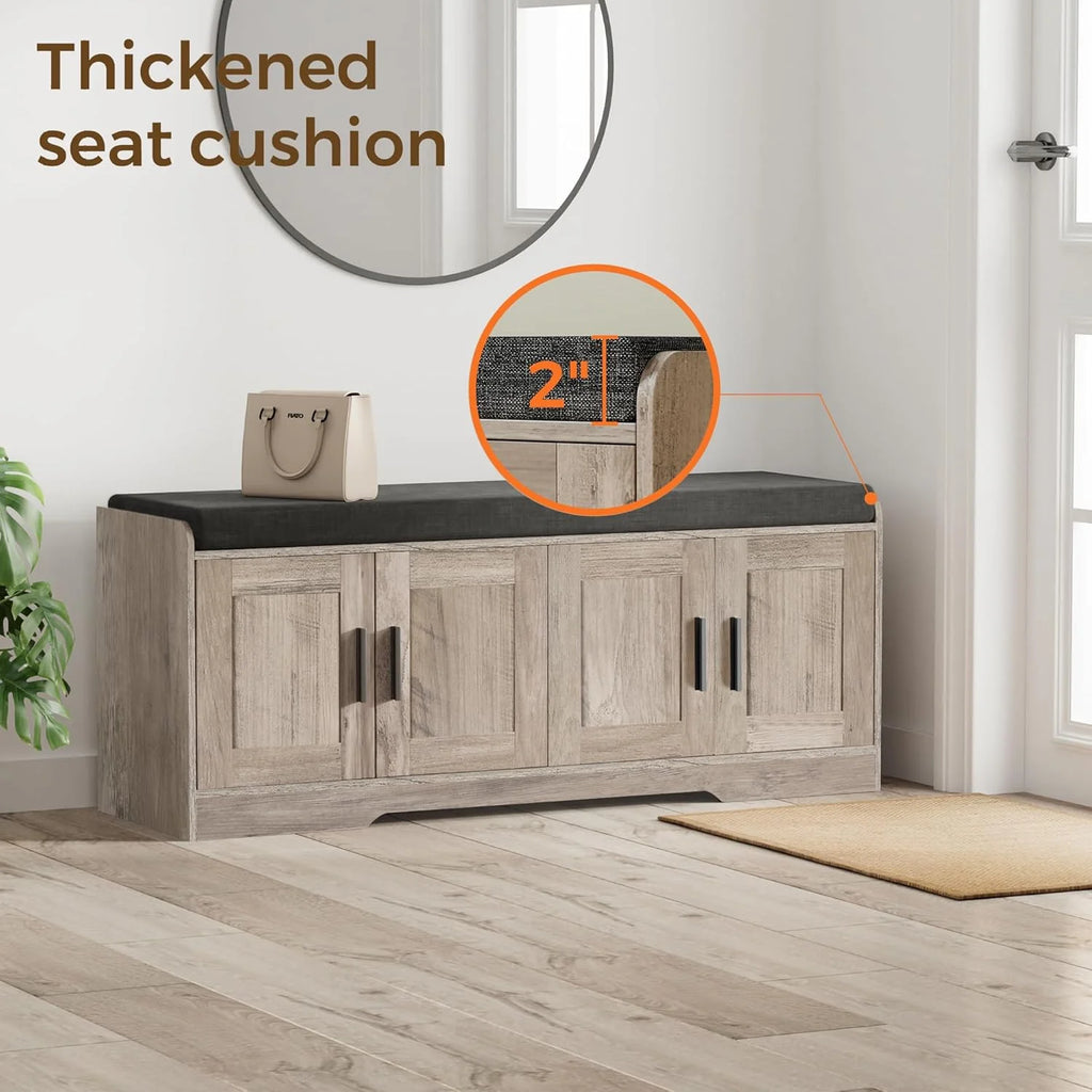 2-Tier Storage Bench, Shoe Bench with Thickened Padded Seat Cushion, Entryway Bench with 4 Doors, Adjustable Shelf, 13.8 D x 45.3 W x 18.5 H, for Entryway, Living Room, Bedroom, White