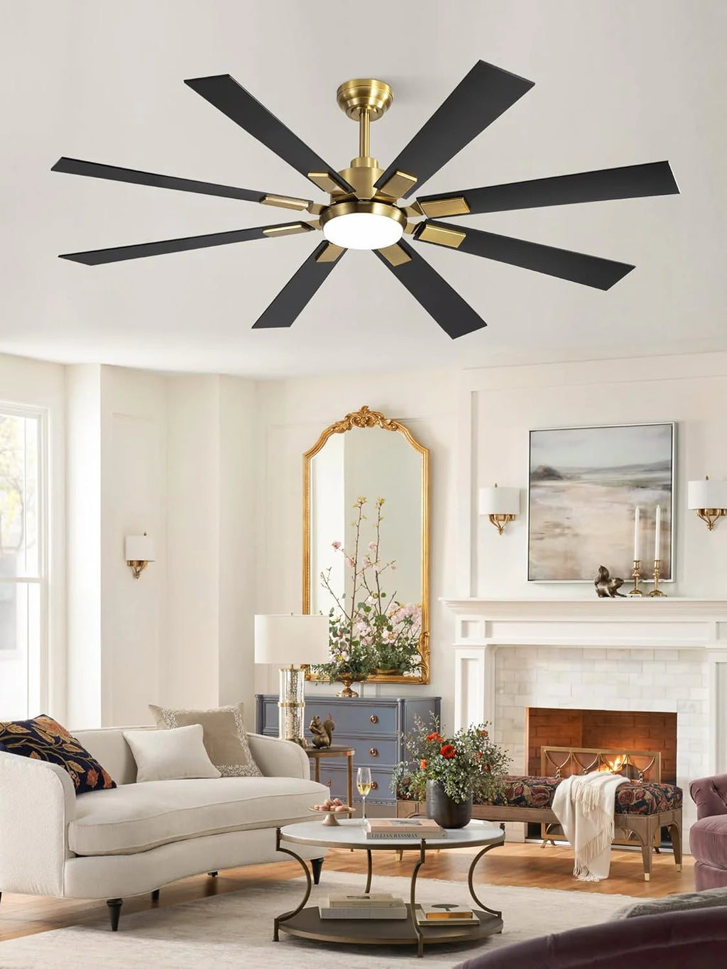 ZMISHIBO 72 inch Large Ceiling Fans with Lights and Remote, Indoor/Outdoor Black Modern Ceiling Fan for Kitchen Living Room Patio, 6 Speed Reversible Quiet DC Motor, 3 CCT, Dual Finish 8 Blades
