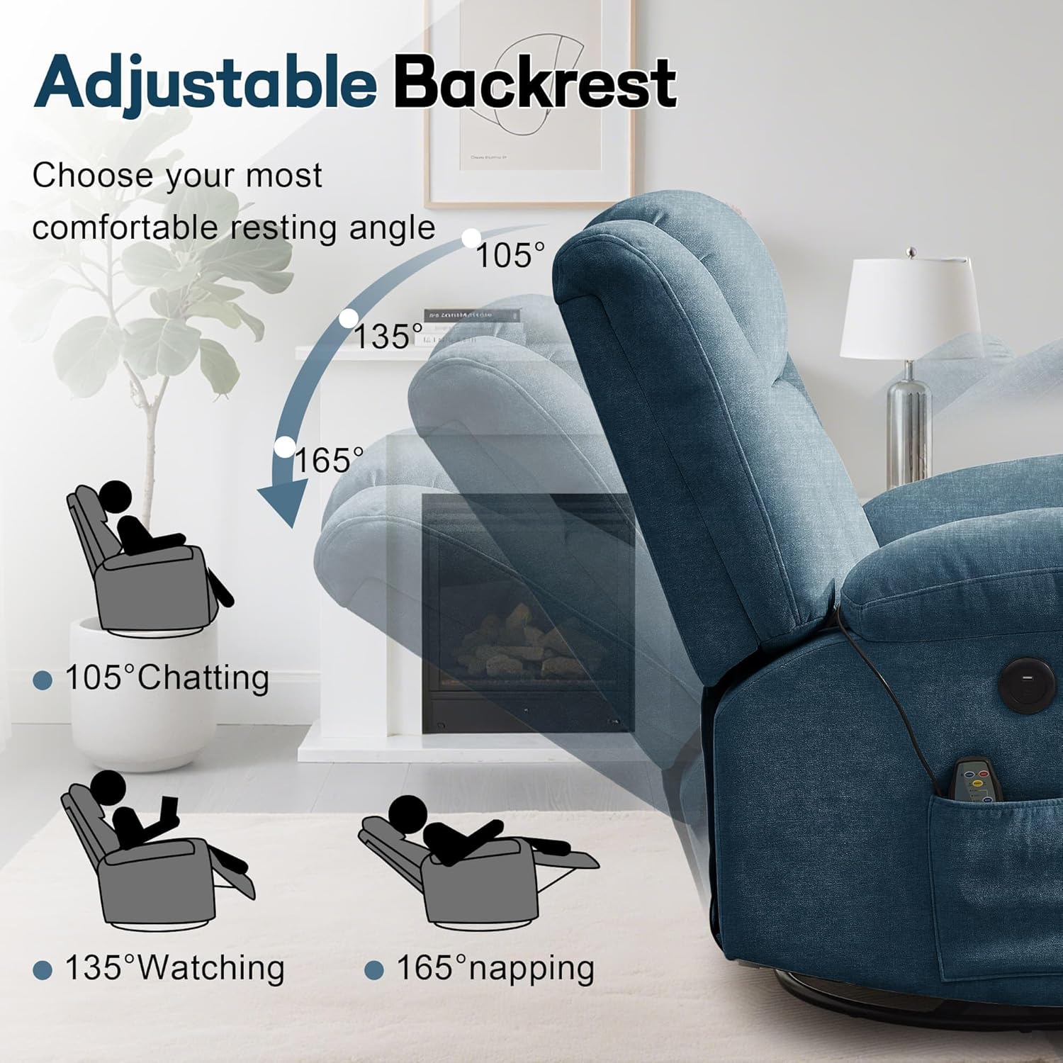 Rocker Recliner, Glider Recliner Chairs for Adults, 360�� Swivel Rocking Chair with Massage and Heating, Nursery Chair