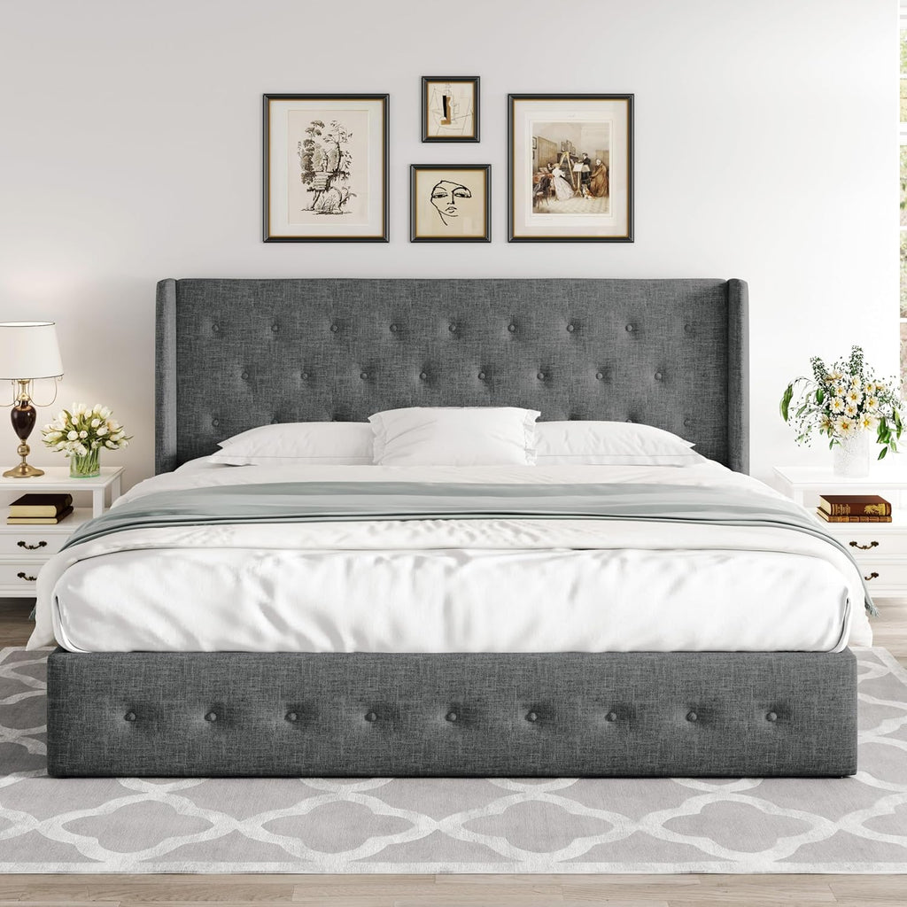 Allewie Queen Size Lift Up Storage Bed Modern Wingback Headboard Hydraulic Support