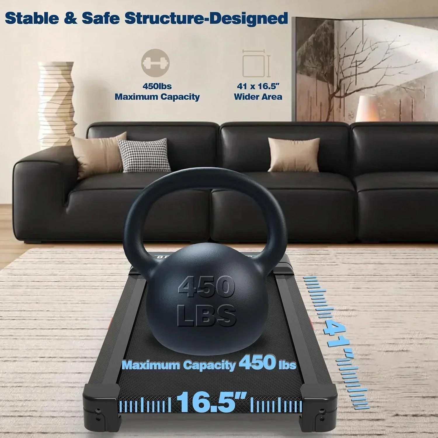 The Walking Pad treadmill features 12% 9-level automatic incline 450-pound capacity LED screen
